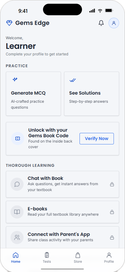 Gems Edge app — home screen