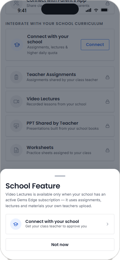 Gems Edge app — school feature screen
